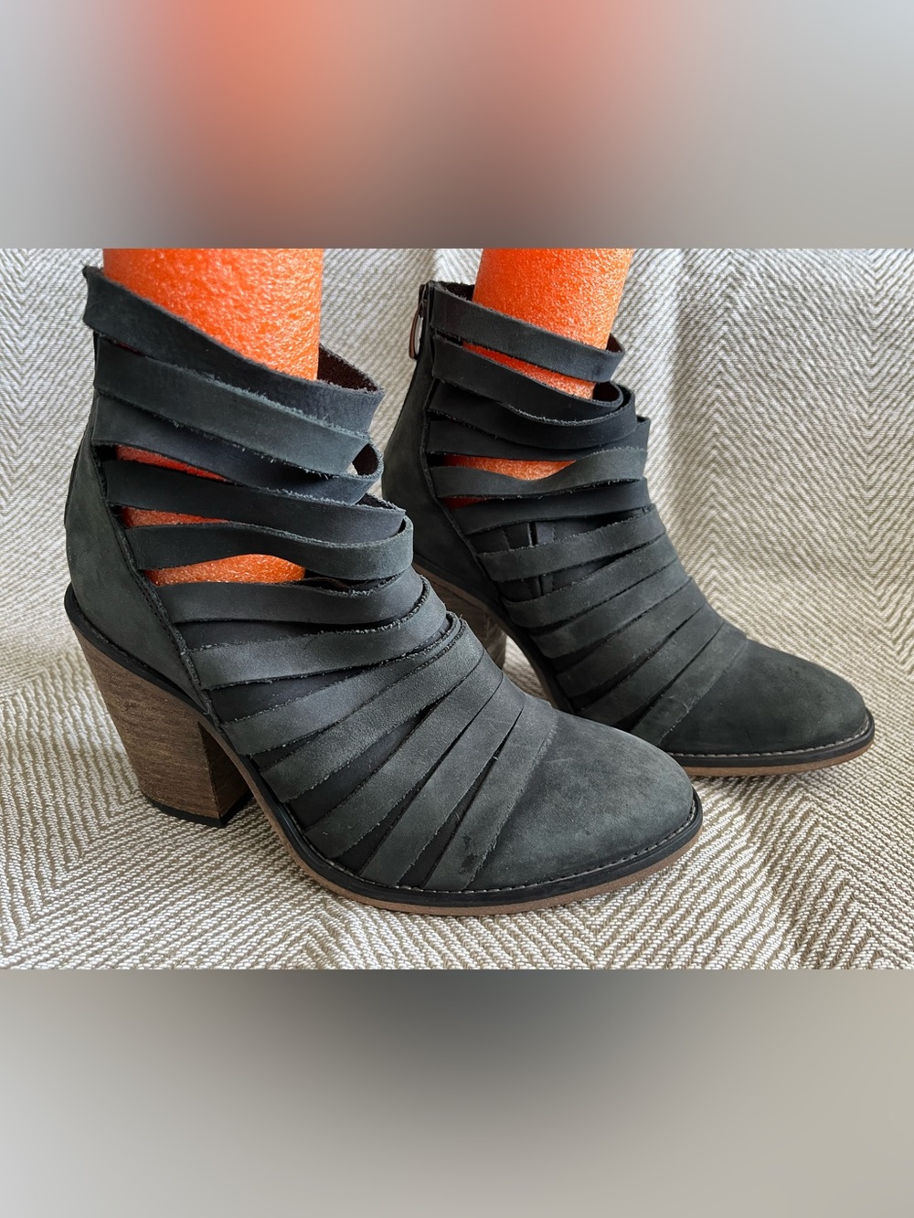 Free People Black Strappy Cutout Suede Block Heel Boots